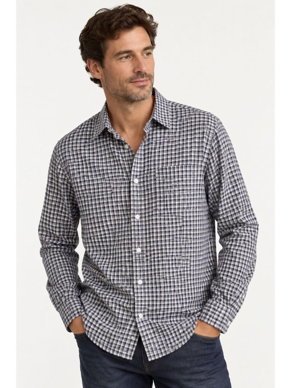 NN07 No National Mens Falk Organic Cotton Black White Check Shirt Large Slim